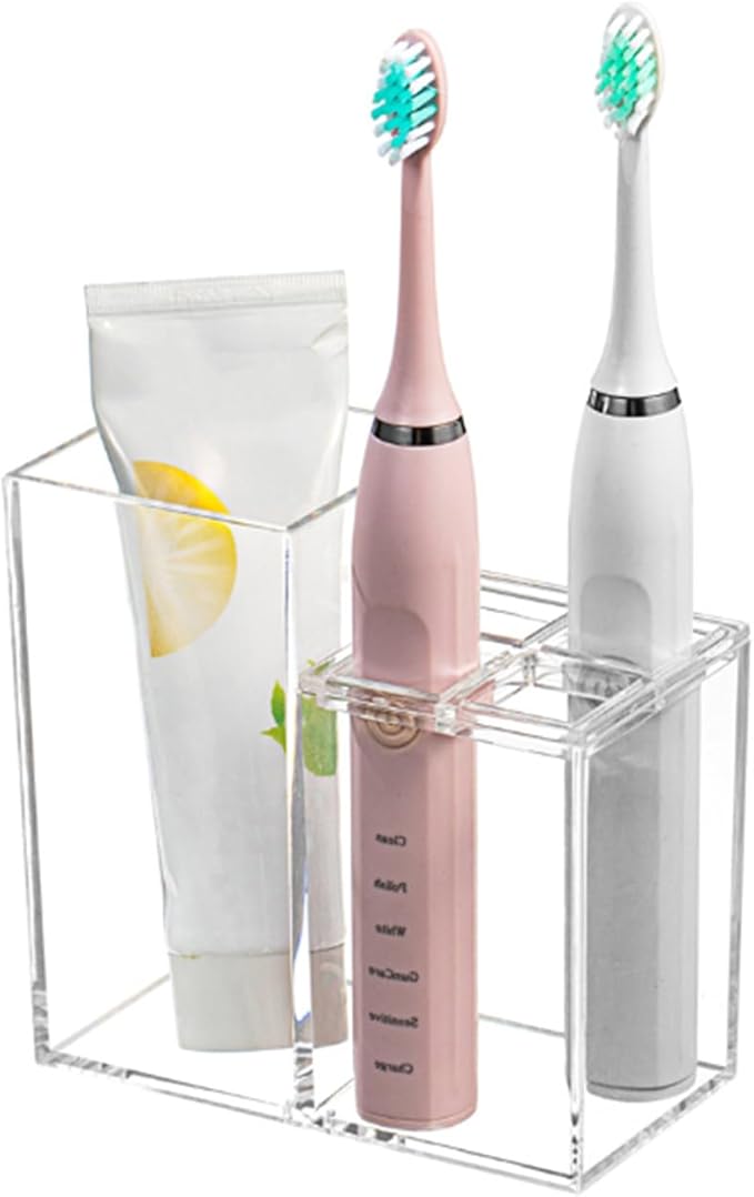 Clear Acrylic Toothbrush Holder, 5 Slots Bathroom Organizer, Countertop Storage Stand with Toothpaste Compartment