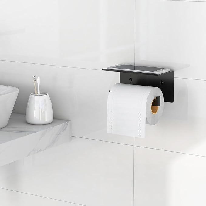 Toilet Paper Holder with Phone Shelf, Matte Black Toilet Paper Holder Wall Mount, Rustproof Stainless Steel Bathroom Storage