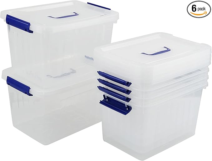 10 L Clear Plastic Storage Box, Latch Storage Box with Handle, 6-Pack