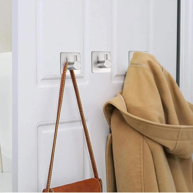 4-Pack Adhesive Hooks – Heavy Duty Stainless Steel Stick-On Wall Hooks for Bathroom, Kitchen, Doors, and Cabinets – Waterproof, Rust-Resistant, No Drill Required (Black/Silver)