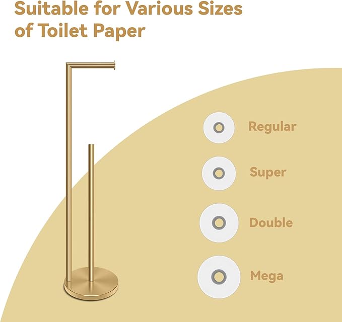 RRM Toilet Paper Holder Stand, Bathroom Free Standing Toilet Paper Holder with Reserve Storage 3-4 Toilet Paper Rolls, Double Rod 26.4-inch Stainless Steel Toilet Paper Storage (Golden)