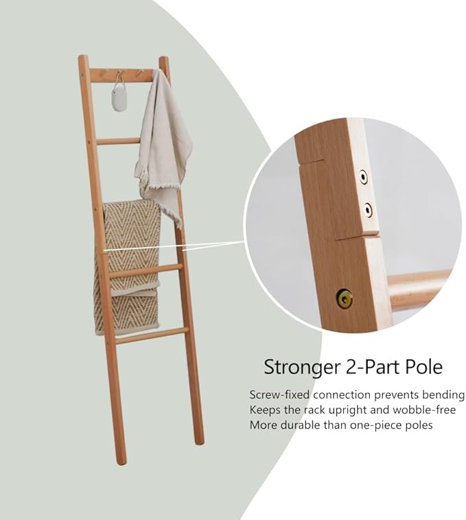 Beech Wood Blanket Ladder, 5.3ft Natural Farmhouse Quilt Holder with Top Hooks, 4-Bar Decorative Throw Rack, Towel Shelf for Living Room, Bedroom, Small Space Storage (Natural)