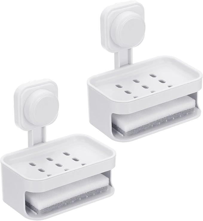uxcell 2Pcs Suction Cup Soap Dish, Removable and Reusable Wall Mounted Double Bar Soap Holder for Shower No-Drilling Sponge Holder for Bathroom Kitchen, White