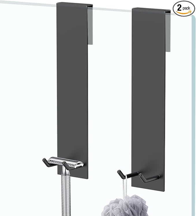 Shower Door Hook, Extended Length Frameless Shower Door Hook (7 Inches), Heavy-Duty Bathrobe Towel Stainless Steel Hook, No Drilling or Adhesive Required, 2-Pack, Black