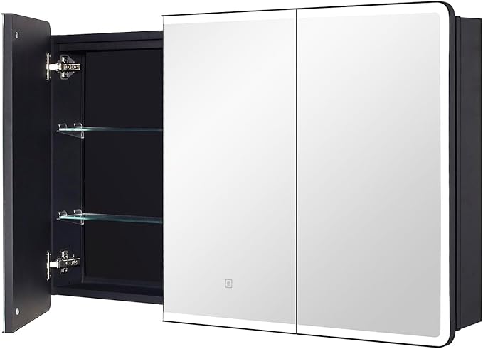 Lighted Bathroom Medicine Cabinet with Round Corner Framed Mirror Door 40 x 25.5 inch, Recessed or Surface Mount, with Adjustable Glass Shelves