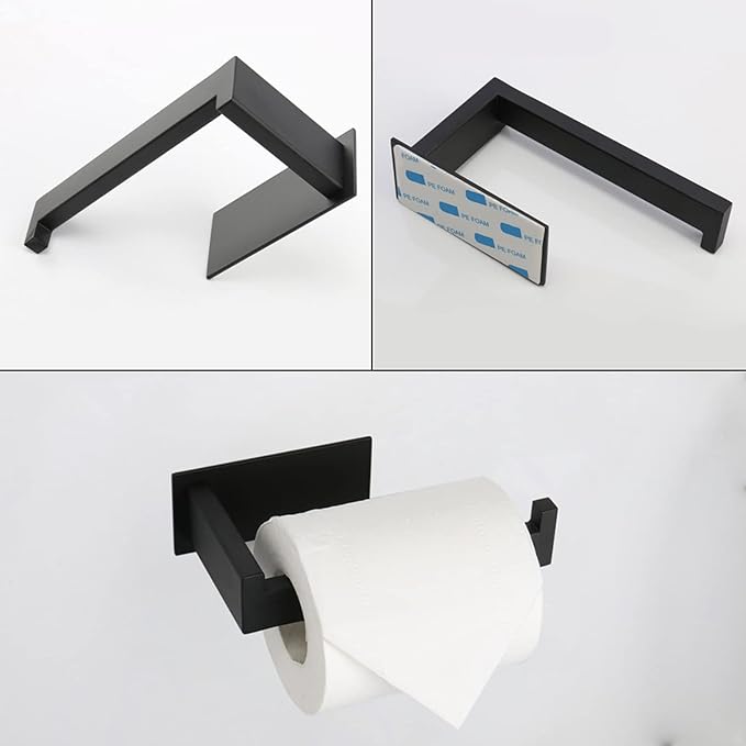 5 Pieces Self Adhesive Bathroom Hardware Set-SUS304 Stainless Steel-Towel Rack Set Include 16″Towel Bar+Toilet Paper Holder+3 Towel/Robe Hooks Bathroom Accessory (Matte Black, 16 in)