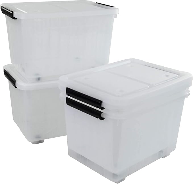 30L Plastic Storage Bin, Stackable and Nestable Storage Boxes with Lids and Secure Latching Buckles, Large Storage Container (Clear)
