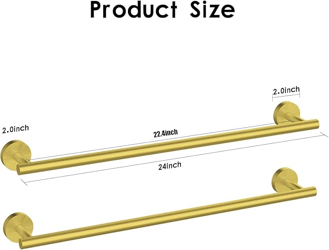 Newfun 24 Inch Brushed Gold Bath Towel Bar,2Pcs Towel Racks for Bathroom Rod Classic SUS304 Stainless Steel Bathroom Towel Holder Wall Mounted