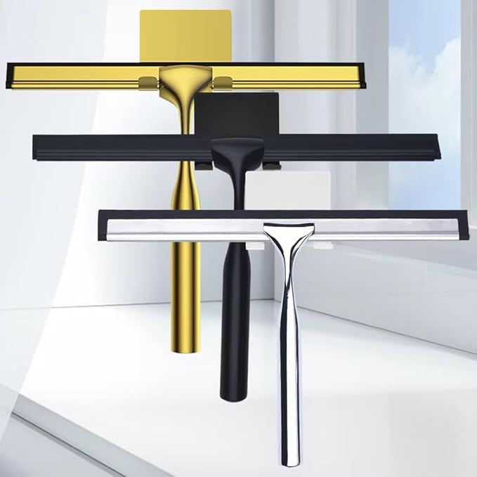 Gold T Design Aluminum Shower Squeegee with Silicone Brush for Bathroom Door Mirror Car Glass with Hook Scraper Cleaner,Silver,25.6 * 16.5cm Hook Type