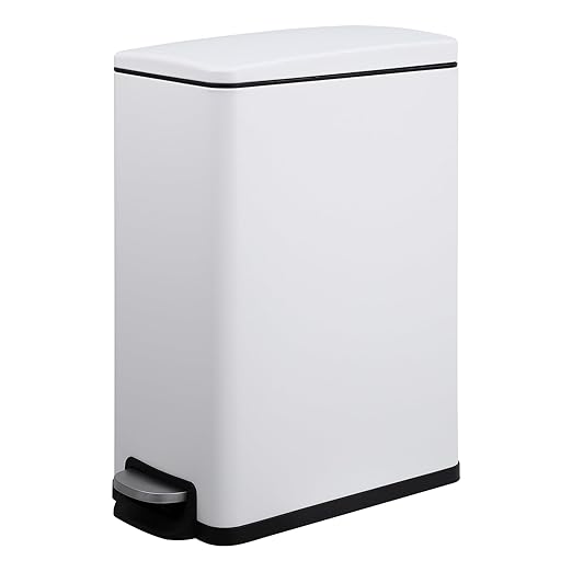 Garvee Slim Trash Can with Lid, 12 Gal (45 L) Stainless Steel Kitchen Garbage Can with Inner Bucket and Step On Foot Pedal, Narrow Metal Trash Bin, White
