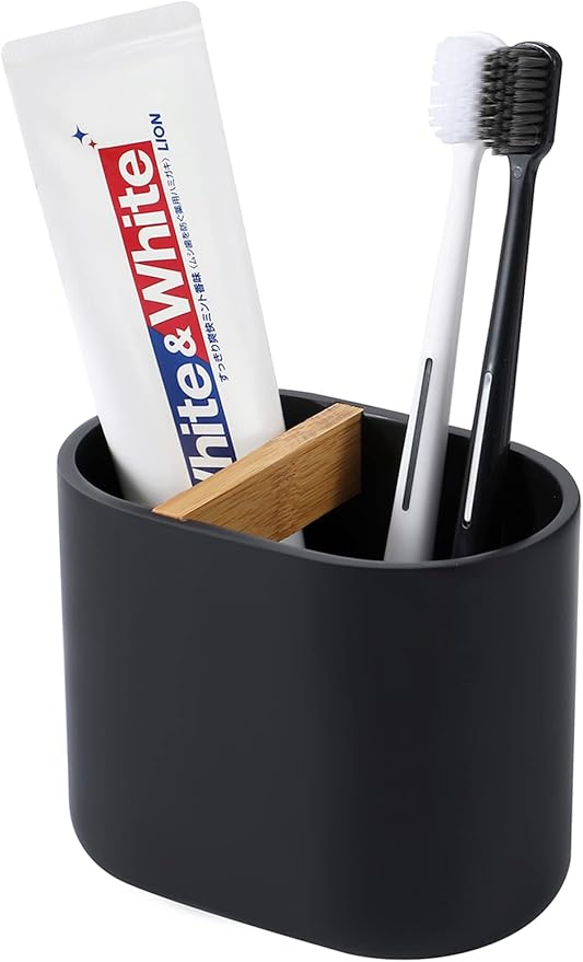 rejomiik Thick Resin Toothbrush Holders Bamboo Tooth Brushing Holder for Bathroom Countertop, Tooth Brush Storage Organizer Stand for Holds Toiletries and Beauty Accessories, Toothpaste, Razor, Black