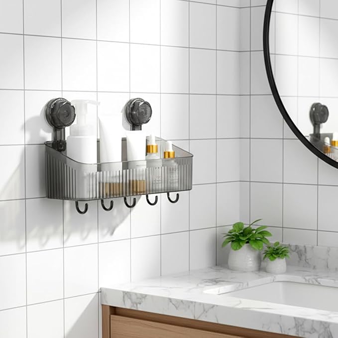 Fliwos No-Drill Bathroom Suction Storage Box, No-Drill Bathroom Shelf, Shower Caddy with Suction Cups, Wall Mount Organizer, Removable Hanging Storage Basket for Home (Grey, Medium)