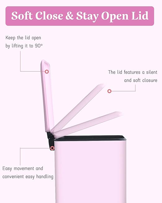 Small Bathroom Trash Can with Lid, 10L/2.6 Gallon Stainless Steel Garbage Can with Removable Inner Bucket, Soft Close, Step Pedal, Home/Bathroom/Kitchen, Pink