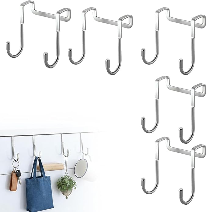 Over Door Towel Rack, Heavy Duty Door Hooks for Hanging, Stainless Steel Double Hanger for Kitchen Bathroom, Removable Wardrobe Door Hook for Dorm Room, Space Saving Cabinet Door Hanger (5PCS)