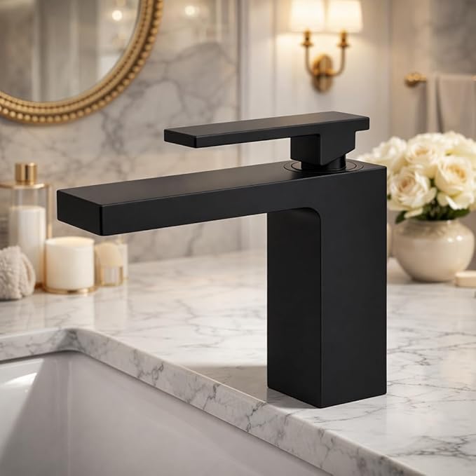 Single Hole Bathroom Faucet， Matte Black Brass Sink Faucet for Bathroom Vanity, CUPC Hose, Pop-Up Drain & Anti-Splash Bubbler，Easy-Install for Farmhouse, RV & Vanity
