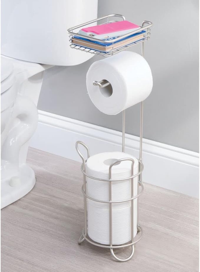mDesign Steel Toilet Paper Holder Stand & Dispenser with Storage Shelf, Concerto Collection - Satin, Holds 2 Extra Mega Rolls