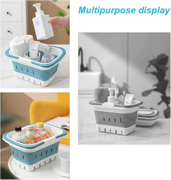2 Pack Portable Plastic Shower Caddy Tote, Collapsible Small Basket with Handles, Box Organizer Bin for Bathroom, Kitchen, College Dorm,Gym(Grey +Blue)
