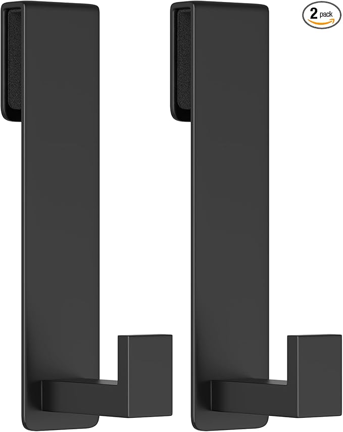Shower Door Hooks, Heavy Duty Rack Hooks for Robe, Stainless Steel Towel Hooks for Bathroom, Fits Frameless Glass Shower Doors up to 3/8" (10mm) Thick (Black, 2 Pack)