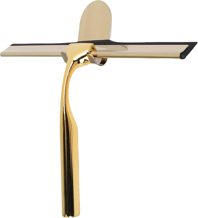 Focket Shower Squeegee, Stainless Steel Vane/Wing for Glass Doors with Adhesive Hooks for Bathroom Mirror Car Window and Tile Walls (Gold)