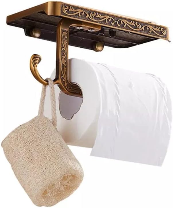 Vintage Carved Floral Toilet Paper Holder with Shelf - Antique Brass Finish Aluminum Bathroom Organizer, Wall Mounted Decorative Roll Holder for Bathroom/Vanity (7.24" Phone Shelf)