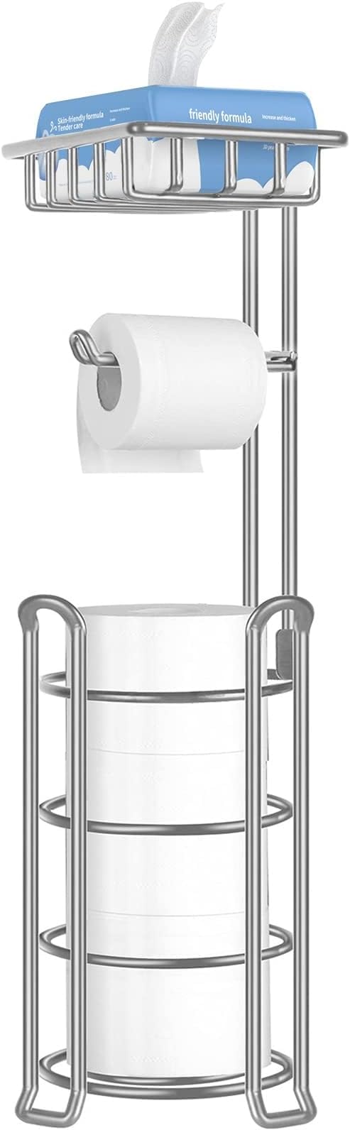 TomCare Toilet Paper Holder Stand with Storage Shelf Tissue Paper Roll Dispenser Free Standing 4 Raised Feet Toilet Paper Storage Metal Bathroom Organizers and Storage