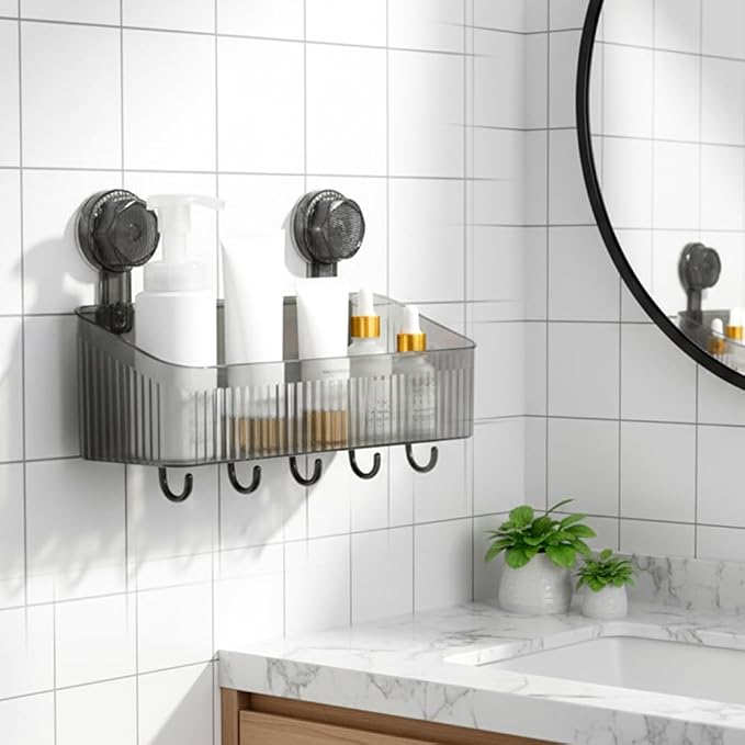 Fliwos No-Drill Bathroom Suction Storage Box, No-Drill Bathroom Shelf, Shower Caddy with Suction Cups, Wall Mount Organizer, Removable Hanging Storage Basket for Home (Grey, Large)