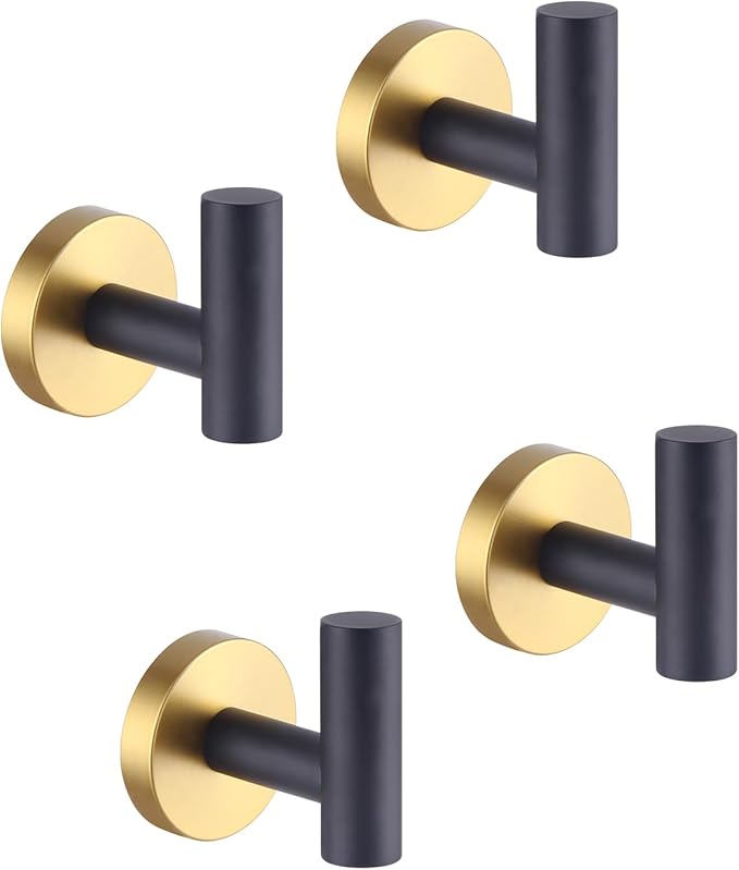 GERZWY Stainless Steel Towel Hook Robe Hook Coat Hook Heavy Duty Wall Mounted Luxury Hooks for Bathroom Hotel 4 Pack (Black & Gold) AG1307B-BD