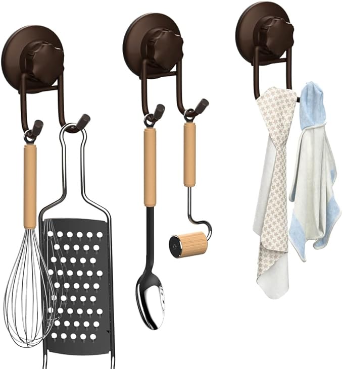SANNO Suction Cup Hooks, Shower Squeegee Holder Towel Robe Loofah Hanging Hook for Bathroom Kitchen, Bathroom Accessories, Bronze (2 Pack)