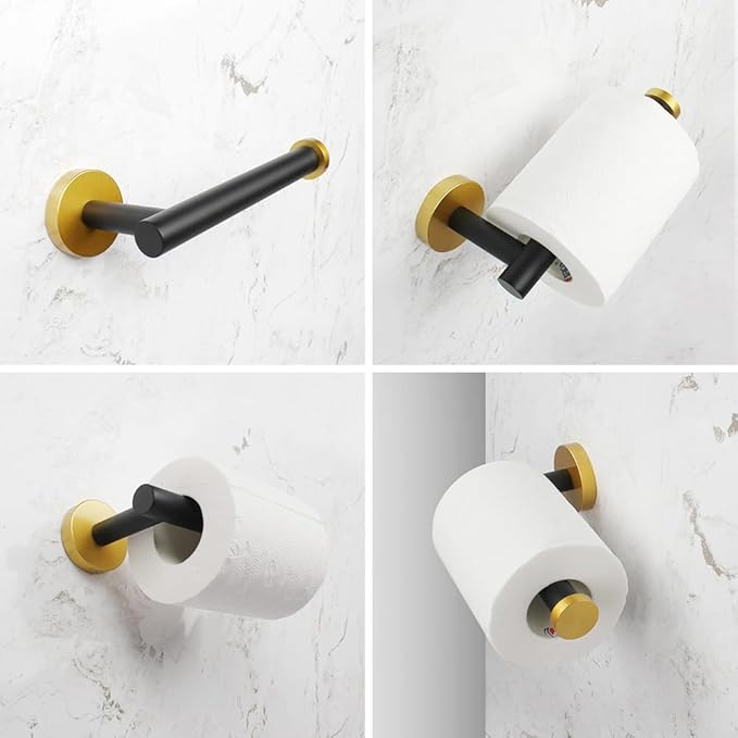 5-Pieces Bathroom Accessories Kit Black & Gold Wall Mounted - Includes 24" Double Towel Bar, 12" Hand Towel Bar, Toilet Paper Holder, 2X Robe Towel Hooks