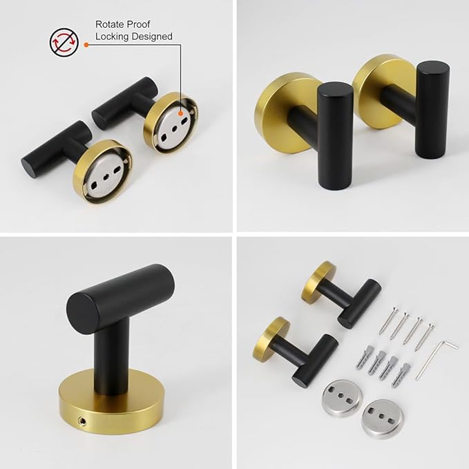 5-Pieces Bathroom Accessories Kit Black & Gold Wall Mounted - Includes 24" Double Towel Bar, 12" Hand Towel Bar, Toilet Paper Holder, 2X Robe Towel Hooks
