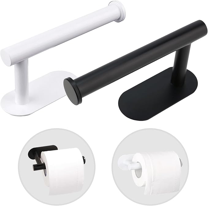 Toilet Paper Holder 2 Pack (Black&White)-Self Adhesive Toilet Paper Holder Wall Mount for Bathroom,SUS 304 Stainless Steel Command Strip Toilet Paper Roll Holder Stick On Wall,No Drilling