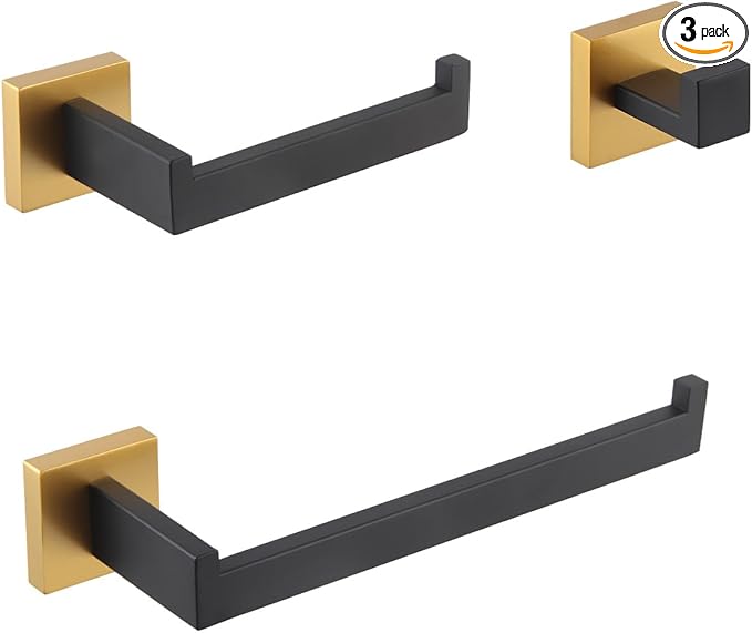 GERZWY Bathroom Hardware Accessories Sets Stainless Steel 3-Pieces - Robe Hook Toilet Paper Holder Towel Ring (Black & Gold) FG16567-3BD