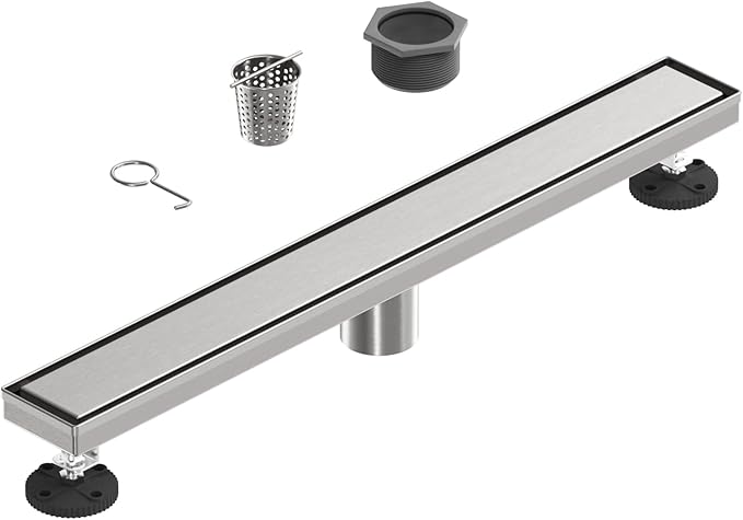 24-Inch Linear Shower Floor Drain, Stainless Steel Bathroom Floor Drains, Rectangular Shower Trench Floor Drain, Hair Strainer, Brushed Nickel
