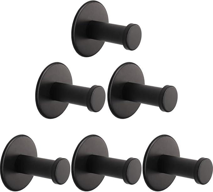 Bath Towel Hooks, 6 Pack Self Adhesive Coat Hooks, Sturdy No Drilling Robe Hook, SUS 304 Stainless Steel Heavy Duty Clothes Hanger, Wall Hooks for Bathroom Bedroom Kitchen (2 in, Black)
