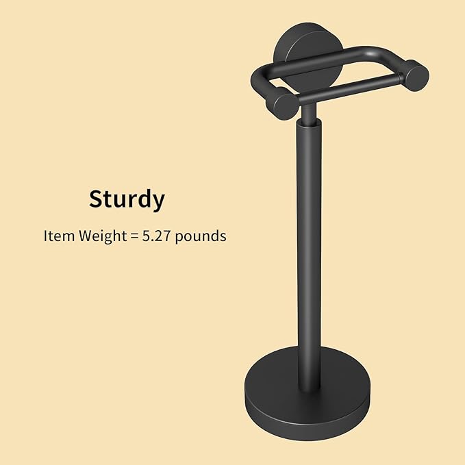 YUMORE Freestanding Toilet Paper Holder，Matte Black/Floor Standing Weighted Base Toilet Paper Holder Stand