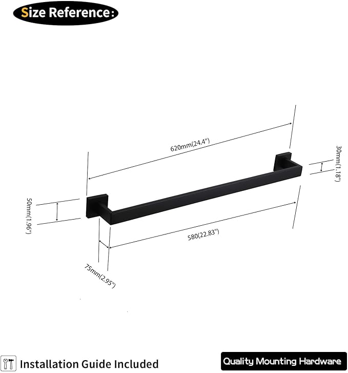 GERZWY 24 Inch Contemporary Style Bathroom Towel Bar Stainless Steel Bath Towel Rack Wall Mount Matte Black FG160160-BK