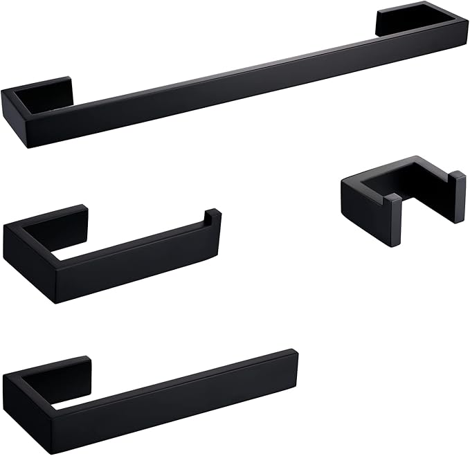 BAGNOLUX Matte Black Bathroom Hardware Set 4 Pieces, Bath Towel Holder Set SUS304 Stainless Steel, Towel Bar Rack Set for Wall Mounted, Square Bathroom Accessories Set Fixture Heavy Duty