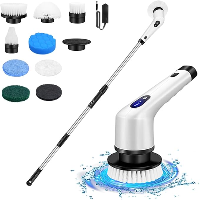 Electric Shower Scrubber, Cordless Floor Scrubbing Brush, Electric Spin Scrubber, Power Cleaning Brush Set with 9 Replacement Brush Head and Detachable Extension Arm