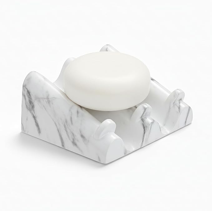 DOXOLOGY White Marble Soap Dish Bathroom Organizer - Resin Soap Dish with Rectangular Design 3.7" L x 2.8" W - Self Draining Soap Dishes Keeps Countertop Neat - Marble Look Soap Tray for Sink