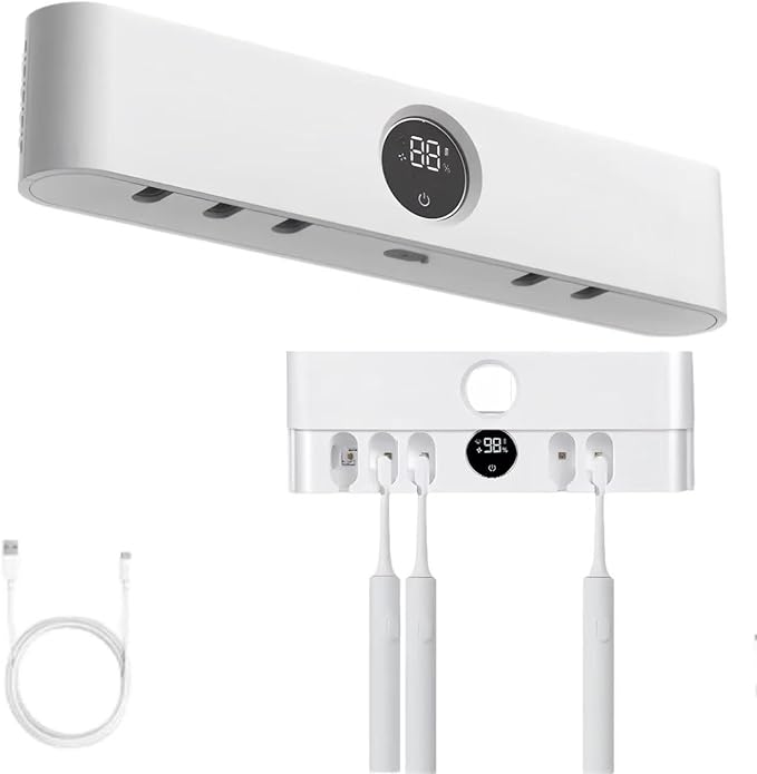 Toothbrush Holder Cleaner with Fan Drying Wall Mounted Razor Holder& Timer Function,5 Toothbrush Slots, Rechargeable Bathroom Accessor,LED Smart Screen for Home,Family Use,No Drilling