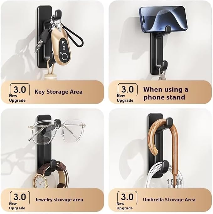 Quik D Heavy Duty Adhesive Wall Hooks for Hanging (4 Pack) — Waterproof & Rustproof Double Hooks, No Drilling Stick On Hooks for Bathroom, Kitchen, Door, Coat, Towel, Keys & Robes (6)