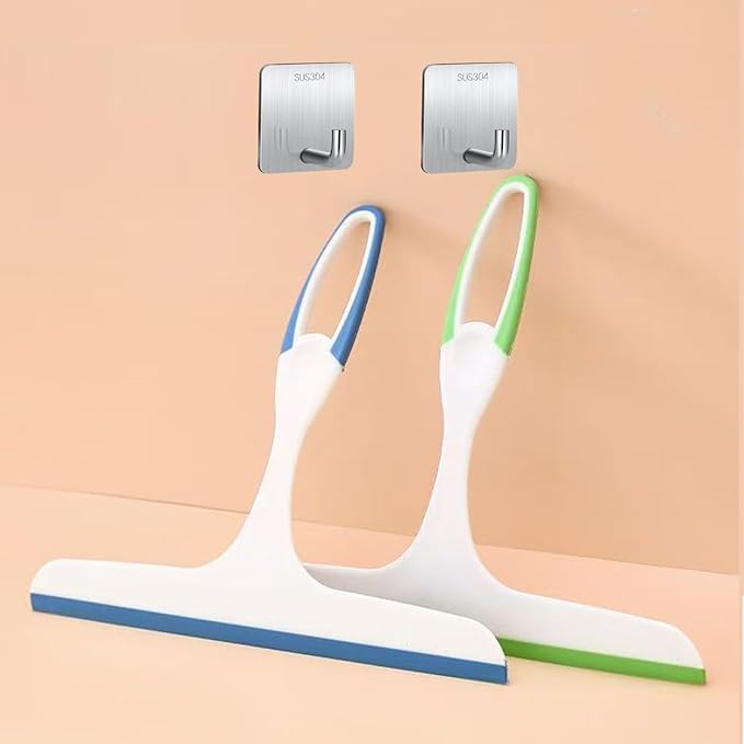 2Pcs 10 Inch Shower Squeegee and 2Pcs Stainless Steel Adhesive Hooks, Streak Free Glass Window & Bathroom Door Mirror Squeegee Household Cleaning Tool, Plastic Water Wiper for Car Windshield Cleaning