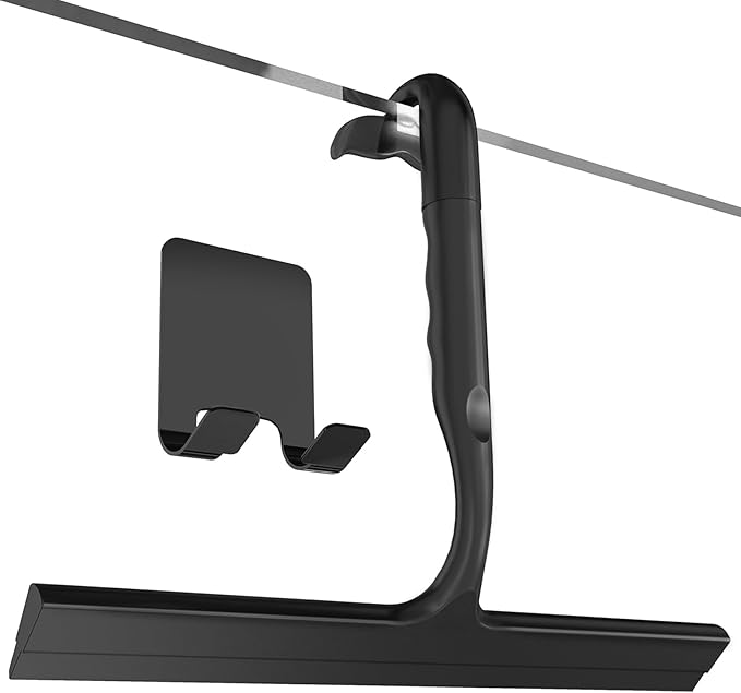 Shower Squeegee for Glass Doors, 2-in-1 Silicone Shower Squeegee with Hook,Hang Anywhere | Streak-Free Bathroom Squeegee | Household Window Mirror Squeegee for Bathroom, Glass, Tile Wall, Car(Black)
