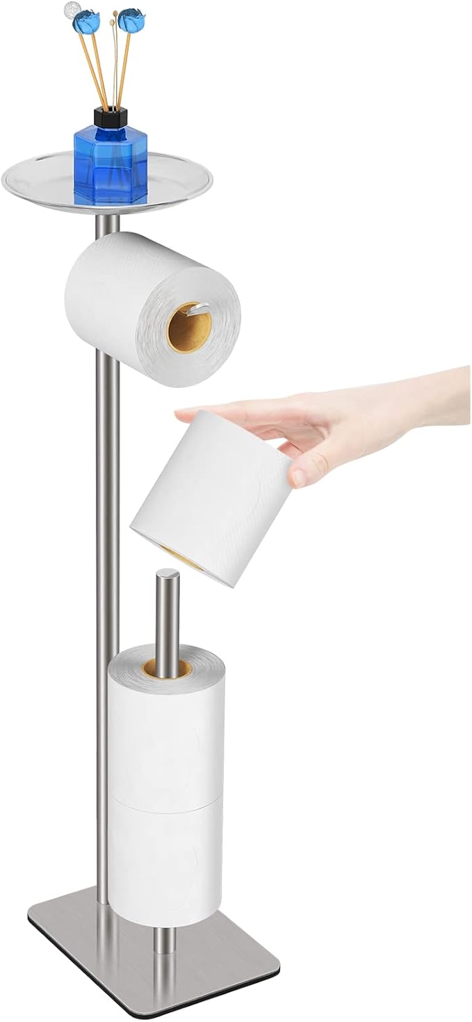 Toilet Paper Holder Stand for Bathroom Floor Standing Toilet Roll Dispenser Storages 4 Reserve Rolls, with Top Storage Shelf for Cell Phones, Wipe, Wallet and More(Chrome)
