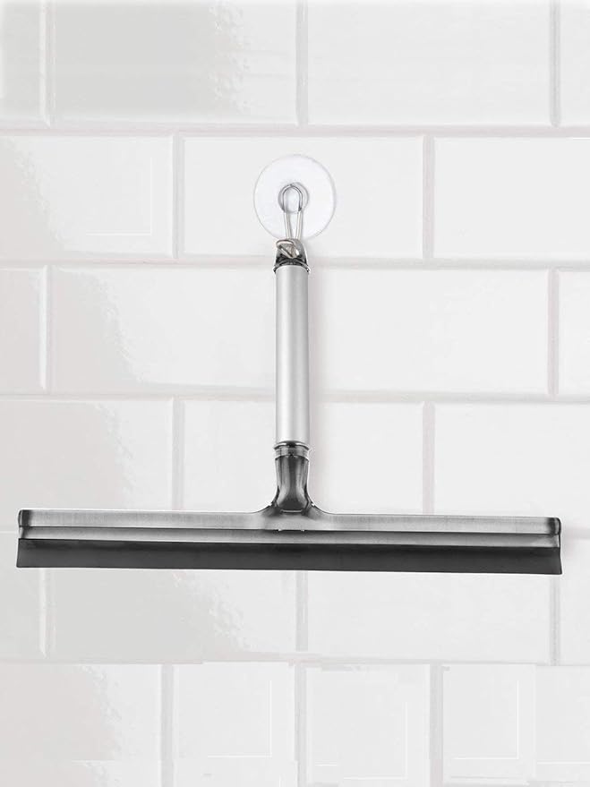 InterDesign Metro Rustproof Aluminum Bathroom Shower Door, Window and Mirror Squeegee with Suction Storage Hook - Smoke/Silver