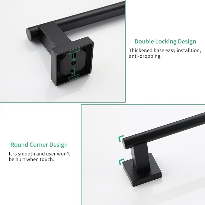 Miyili Matte Black 4-Piece Bathroom Hardware Kit Set Stainless Steel Wall Mount - Includes Double Towel Bar, Hand Towel Rack, Toilet Paper Holder, Robe Hook, BS02B4
