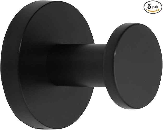 TUNNY 5 Pack Round Towel Hooks-Matte Black Modern Coat Hooks Shower Towel Hooks for Bathroom Kitchen Home Storage