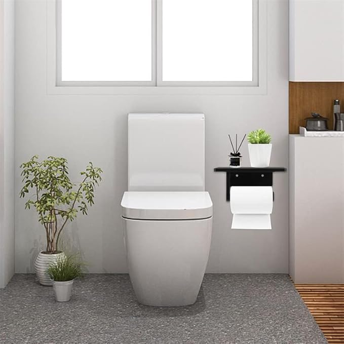 Toilet Paper Holder with Natural Marble Shelf for Bathroom Washroom,Wall Mounted Tissue Holder Suitable for Mega Roll (Middle 7.87 * 4.72 in, Black)