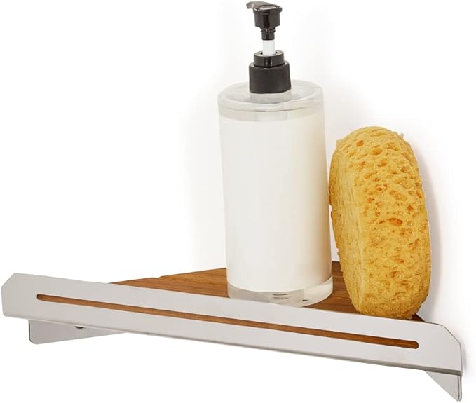 Seachrome Corner Shower Shelf in a Polished Finish with a Natural Teak Wood Insert