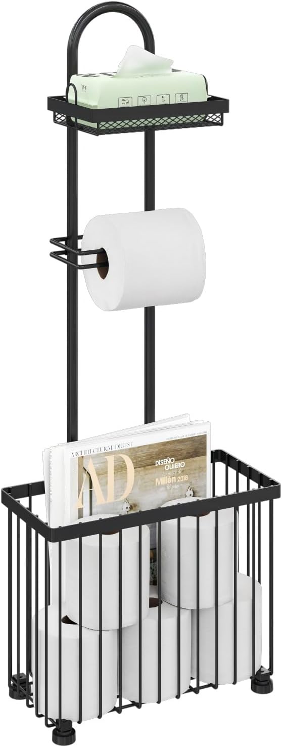 X-cosrack Freestanding Toilet Paper Holder Toilet Tissue Rack Scroll Stand Roll Dispenser with Storage Shelf Reserve for Phone Tablet Magazine Bathroom Organizer Bath Tissue Organizer (Black)